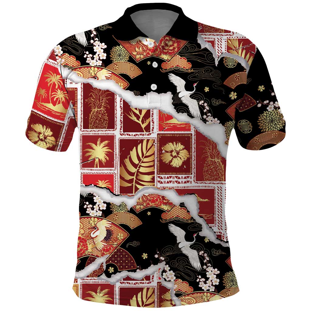 Hawaii Japanese Culture Black Polo Shirt Spring Cranes Aloha Pattern