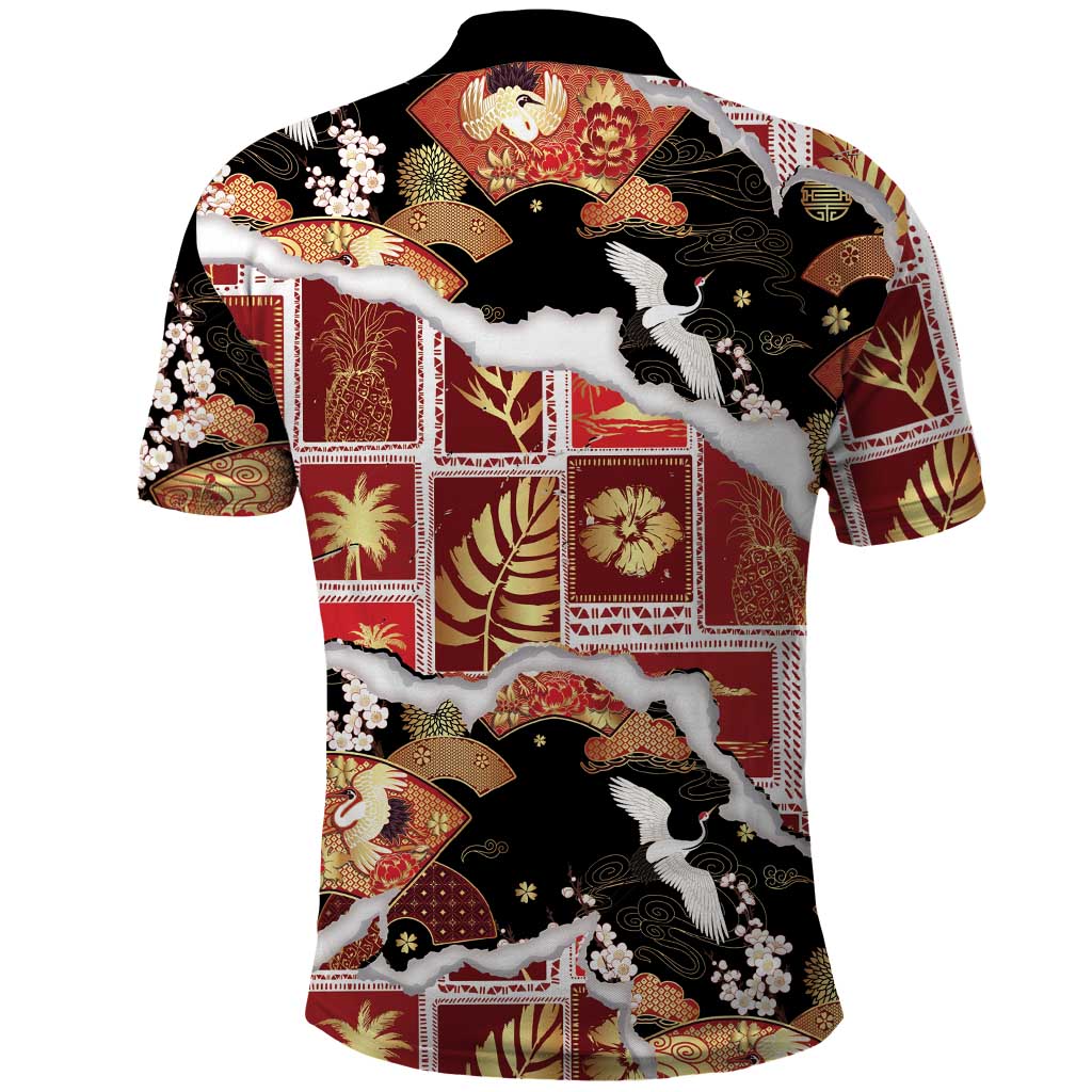 Hawaii Japanese Culture Black Polo Shirt Spring Cranes Aloha Pattern