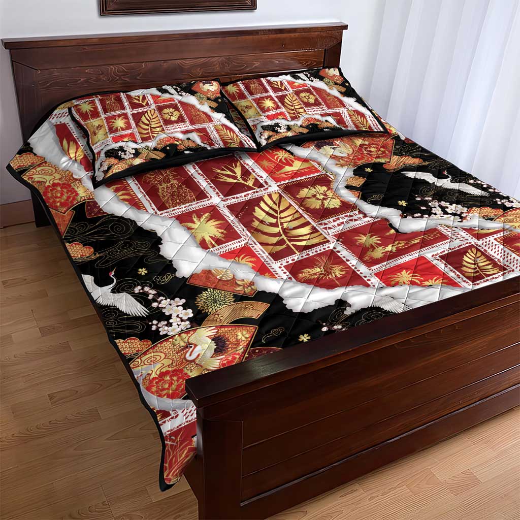 Hawaii Japanese Culture Black Quilt Bed Set Spring Cranes Aloha Pattern