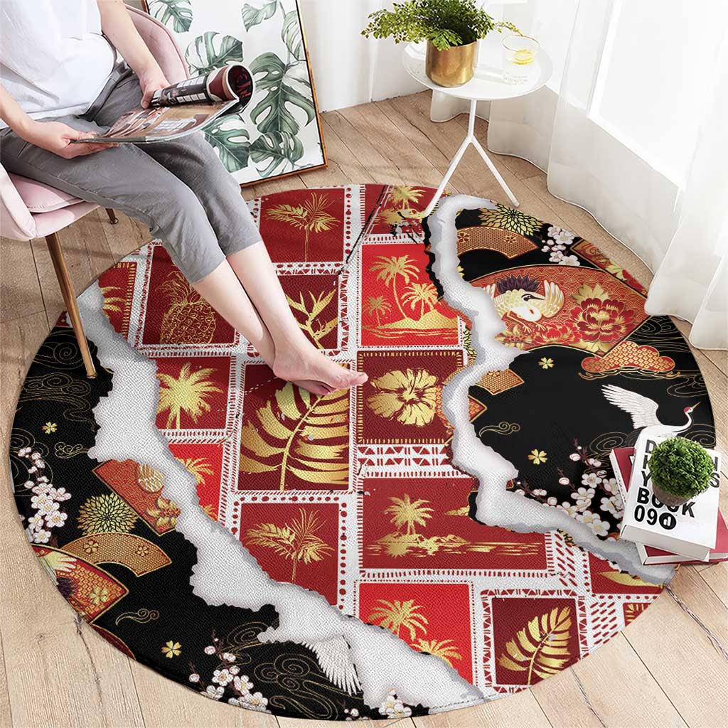 Hawaii Japanese Culture Black Round Carpet Spring Cranes Aloha Pattern