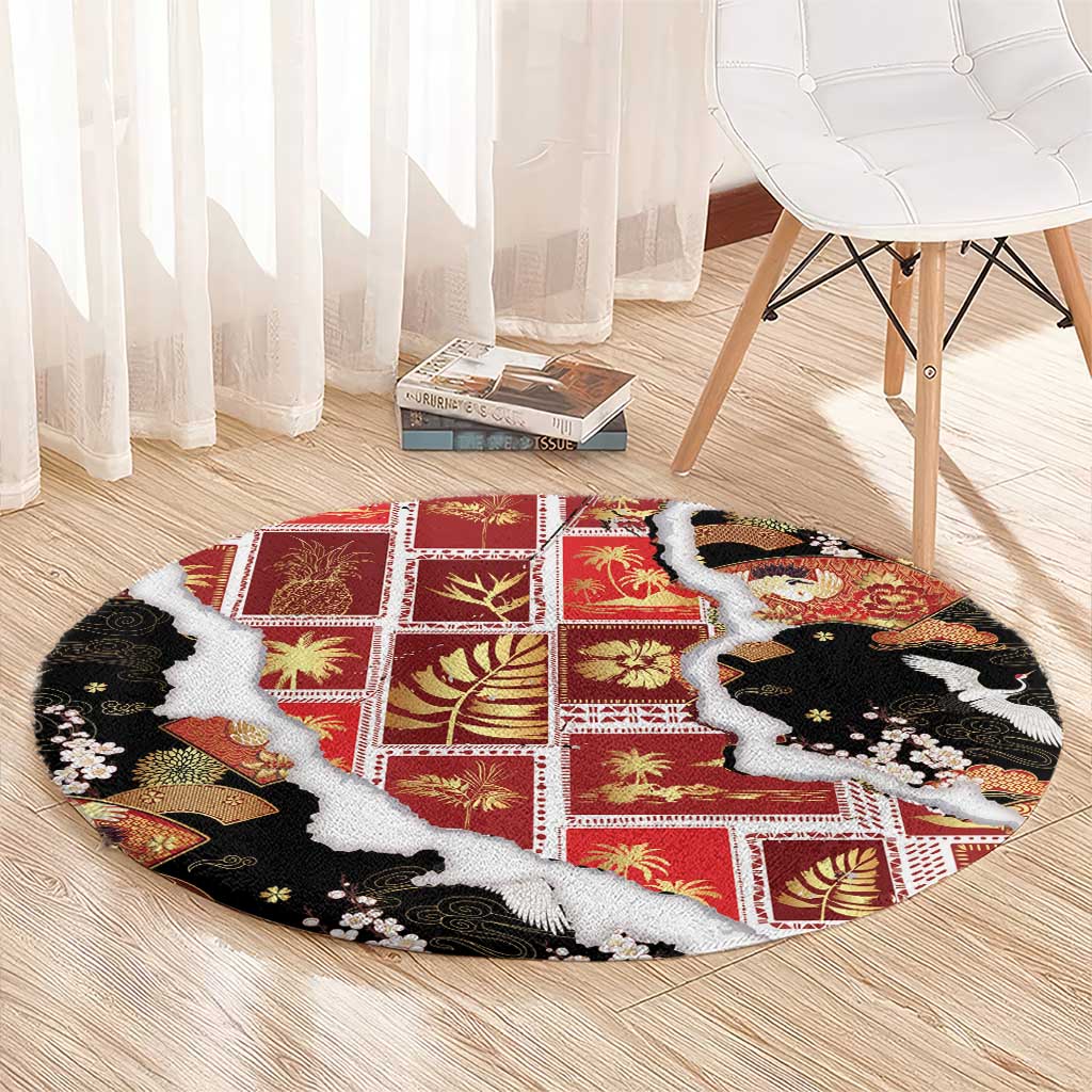 Hawaii Japanese Culture Black Round Carpet Spring Cranes Aloha Pattern
