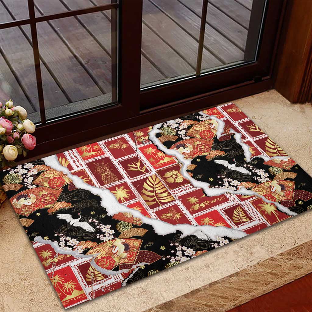 Hawaii Japanese Culture Black Rubber Doormat Spring Cranes Aloha Pattern