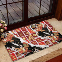 Hawaii Japanese Culture Black Rubber Doormat Spring Cranes Aloha Pattern