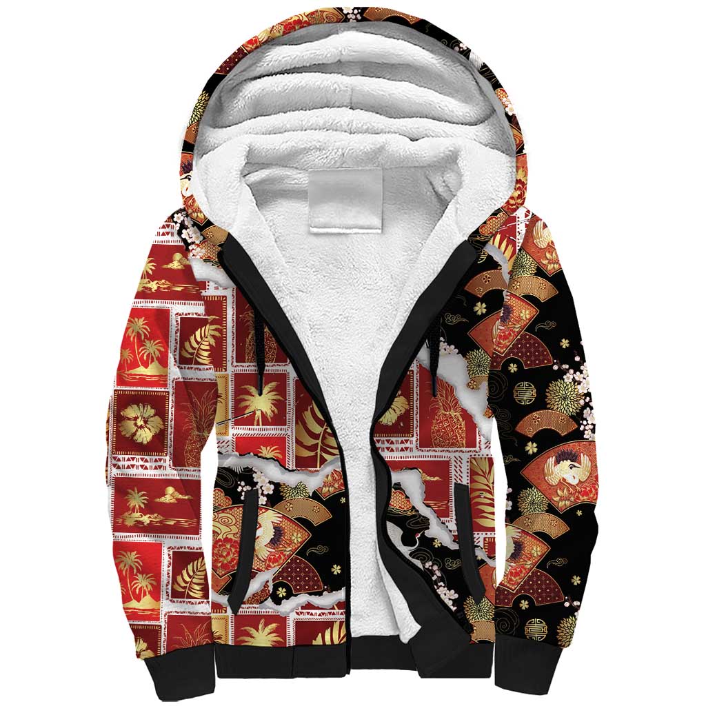 Hawaii Japanese Culture Black Sherpa Hoodie Spring Cranes Aloha Pattern