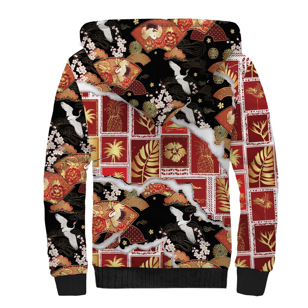 Hawaii Japanese Culture Black Sherpa Hoodie Spring Cranes Aloha Pattern