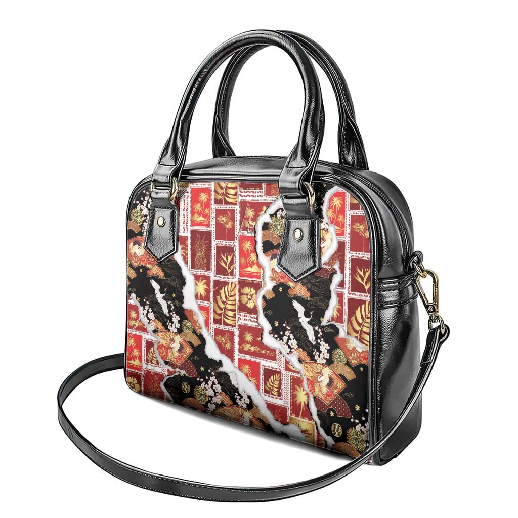 Hawaii Japanese Culture Black Shoulder Handbag Spring Cranes Aloha Pattern