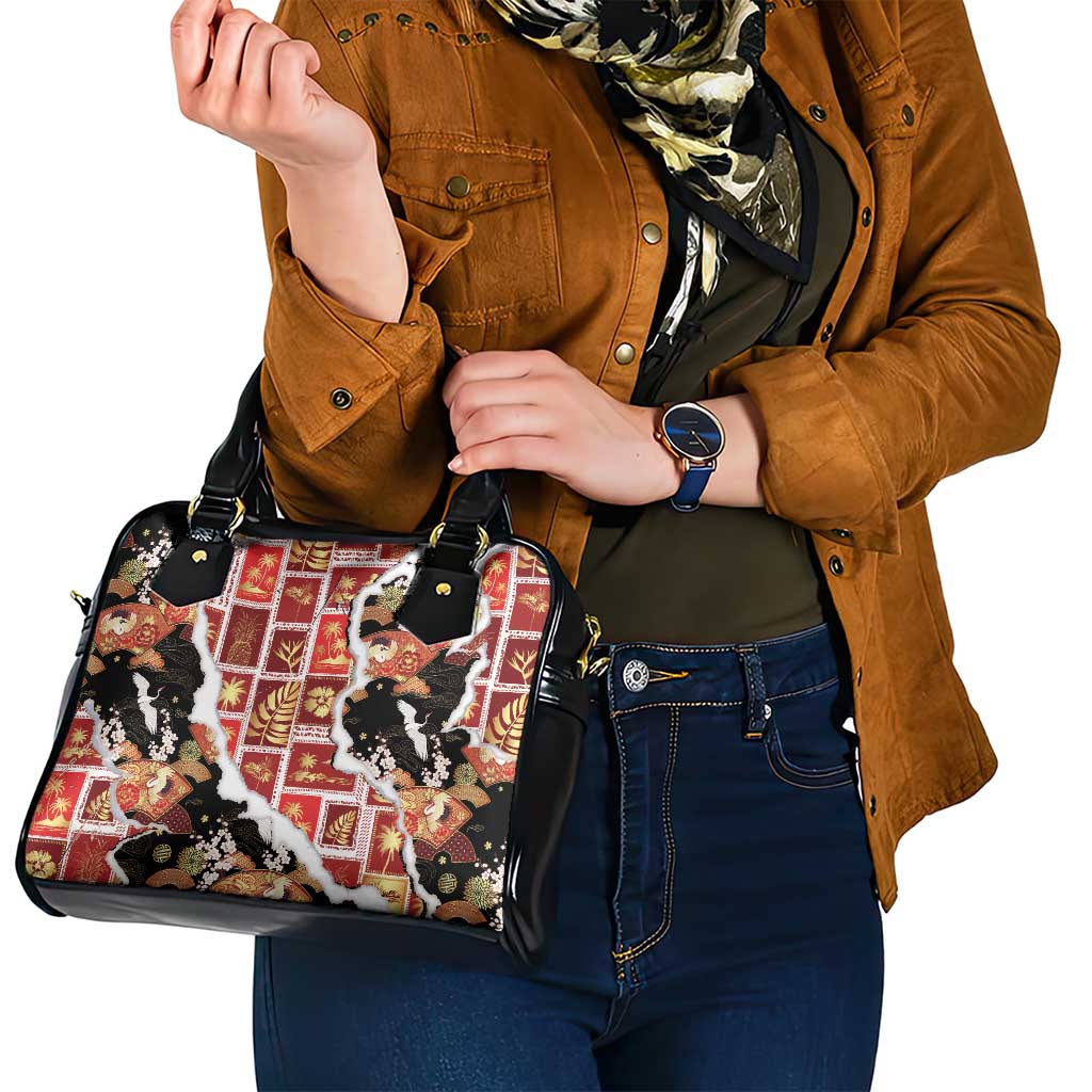 Hawaii Japanese Culture Black Shoulder Handbag Spring Cranes Aloha Pattern