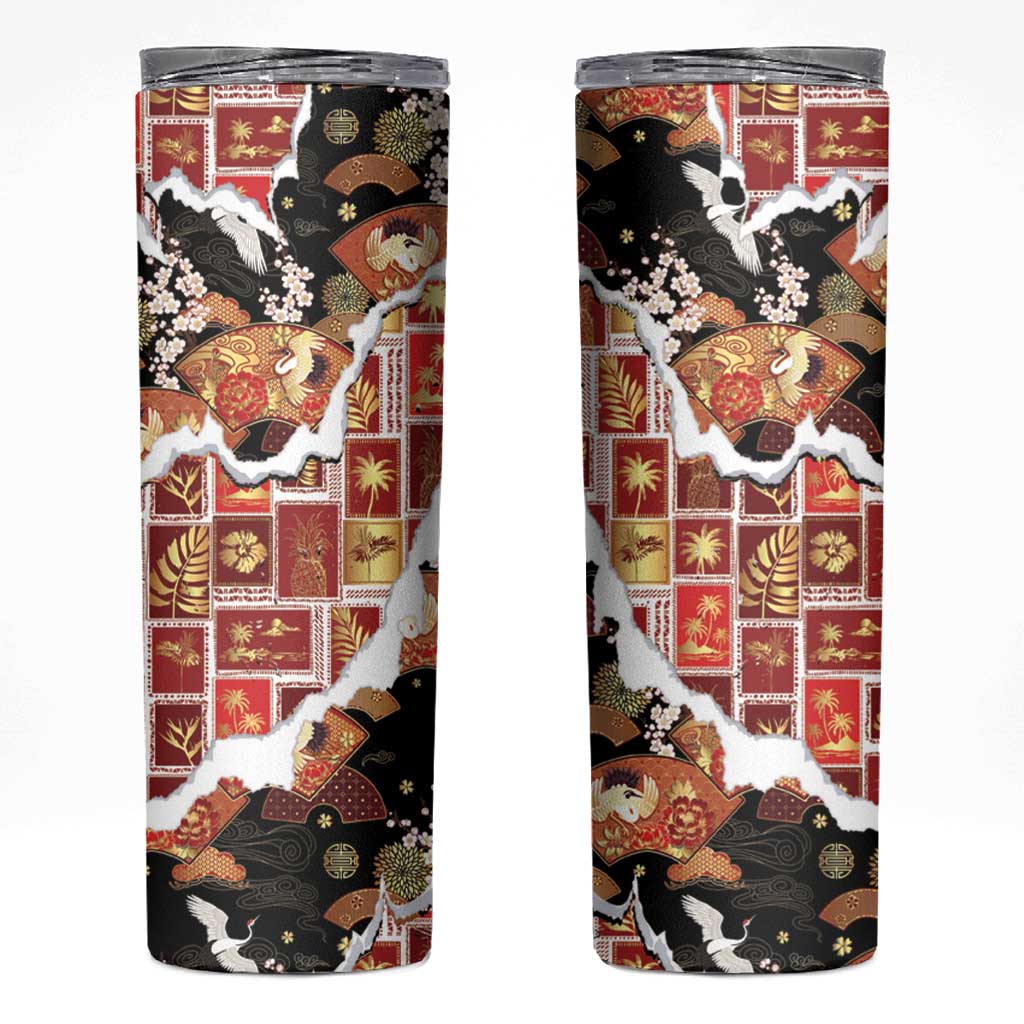 Hawaii Japanese Culture Black Skinny Tumbler Spring Cranes Aloha Pattern