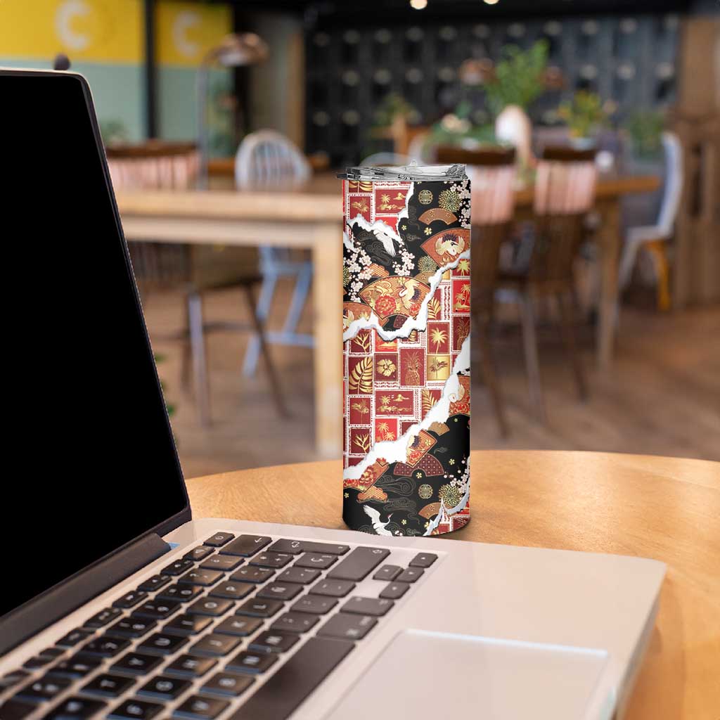 Hawaii Japanese Culture Black Skinny Tumbler Spring Cranes Aloha Pattern