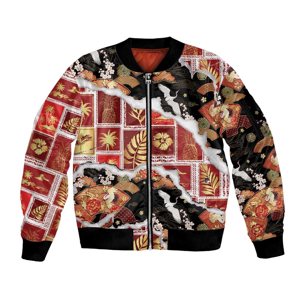 Hawaii Japanese Culture Black Sleeve Zip Bomber Jacket Spring Cranes Aloha Pattern