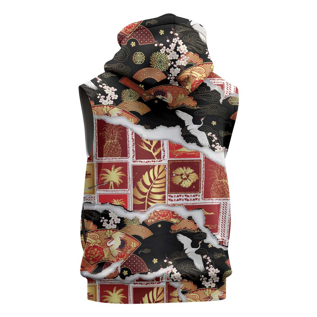Hawaii Japanese Culture Black Sleeveless Zip Hoodie Spring Cranes Aloha Pattern