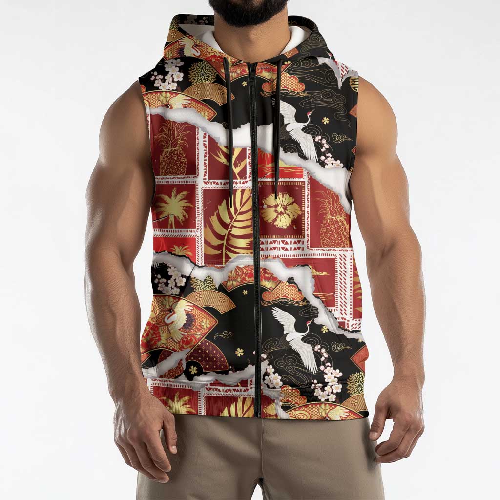 Hawaii Japanese Culture Black Sleeveless Zip Hoodie Spring Cranes Aloha Pattern