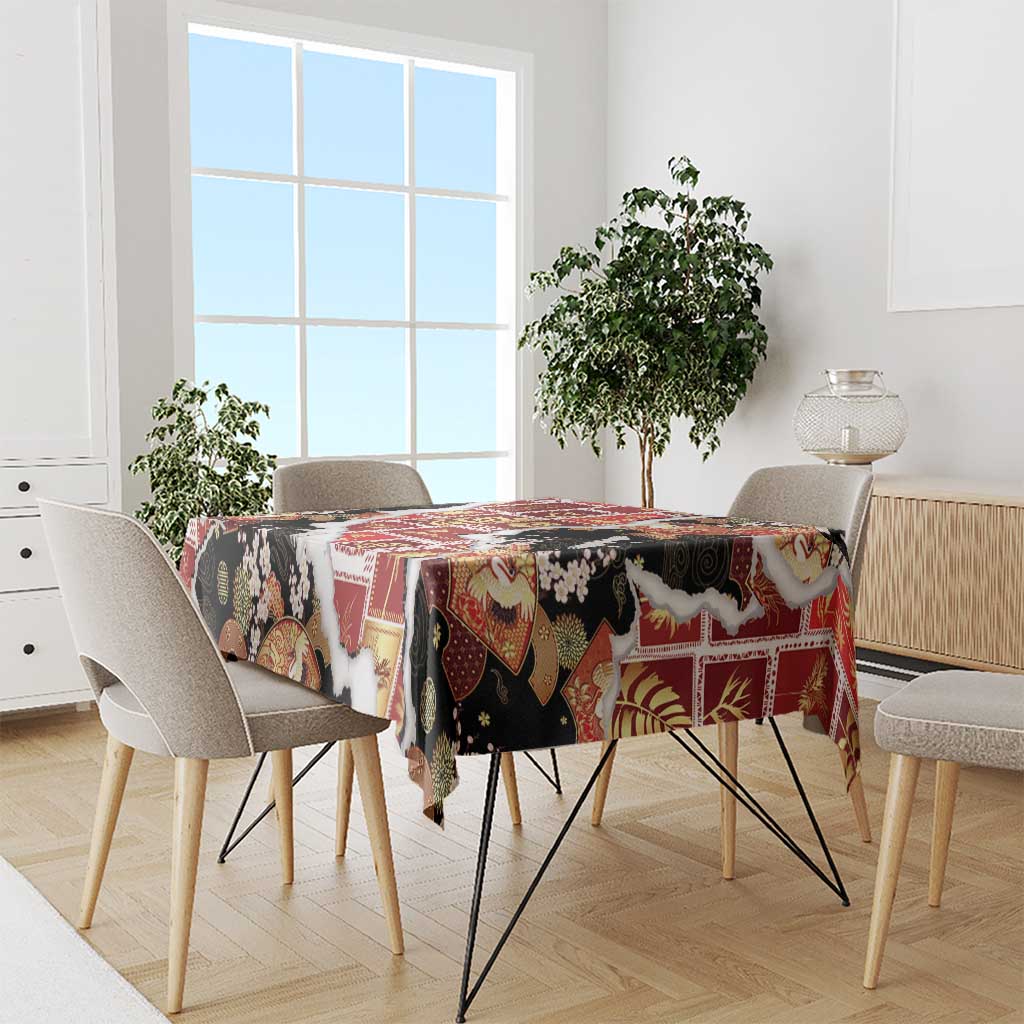 Hawaii Japanese Culture Black Tablecloth Spring Cranes Aloha Pattern
