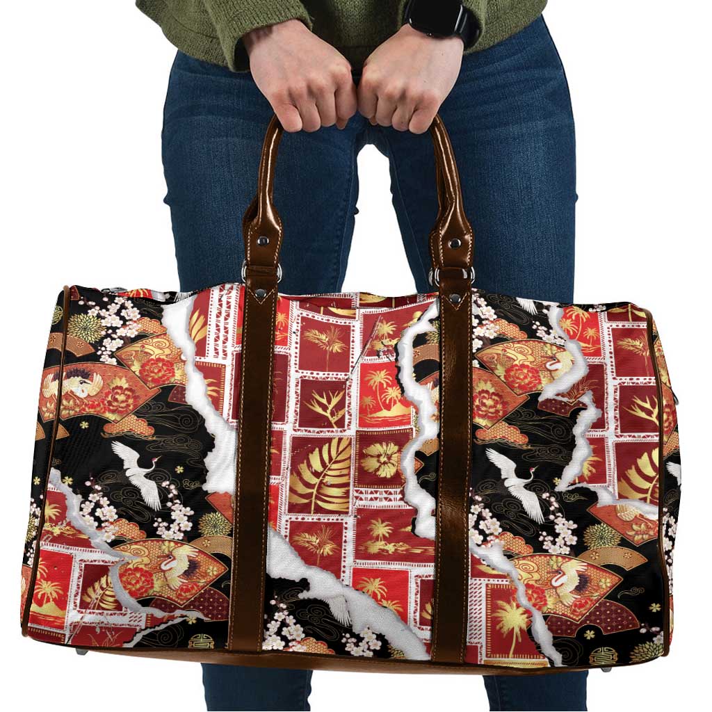 Hawaii Japanese Culture Black Travel Bag Spring Cranes Aloha Pattern