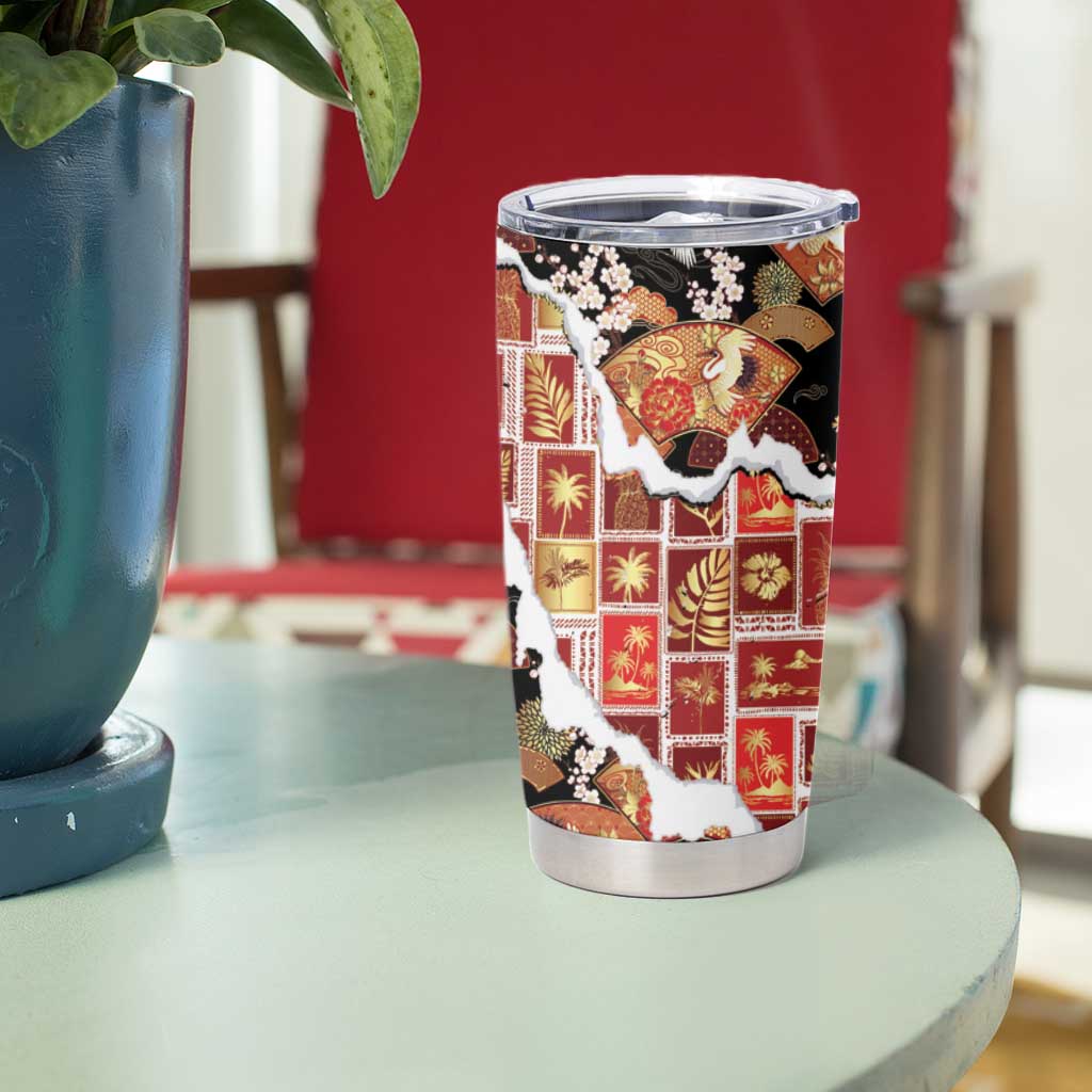 Hawaii Japanese Culture Black Tumbler Cup Spring Cranes Aloha Pattern