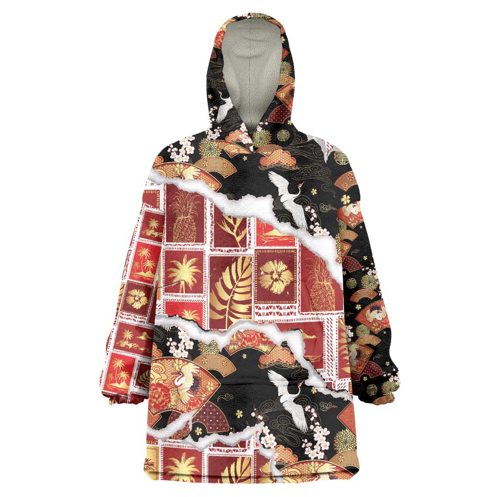 Hawaii Japanese Culture Black Wearable Blanket Hoodie Spring Cranes Aloha Pattern LT01 One Size Black - Polynesian Pride