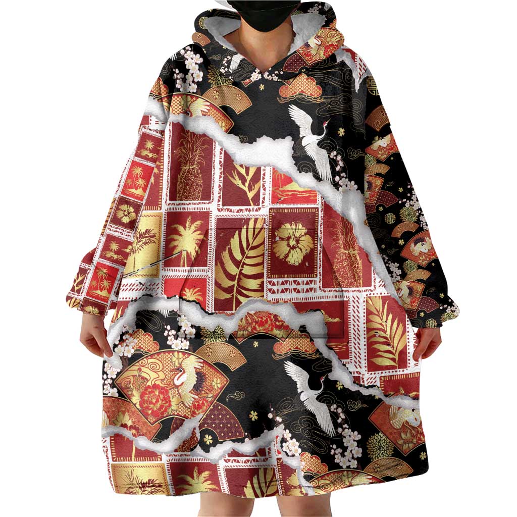 Hawaii Japanese Culture Black Wearable Blanket Hoodie Spring Cranes Aloha Pattern LT01 - Polynesian Pride