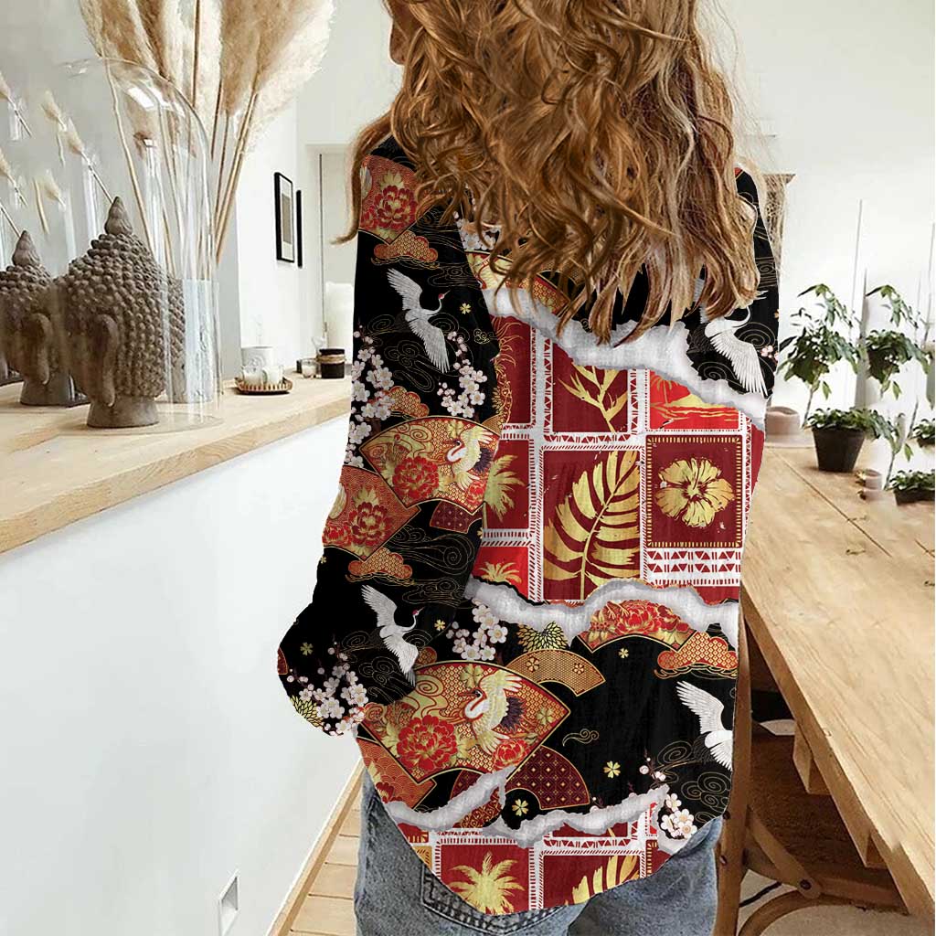 Hawaii Japanese Culture Black Women Casual Shirt Spring Cranes Aloha Pattern LT01 - Polynesian Pride