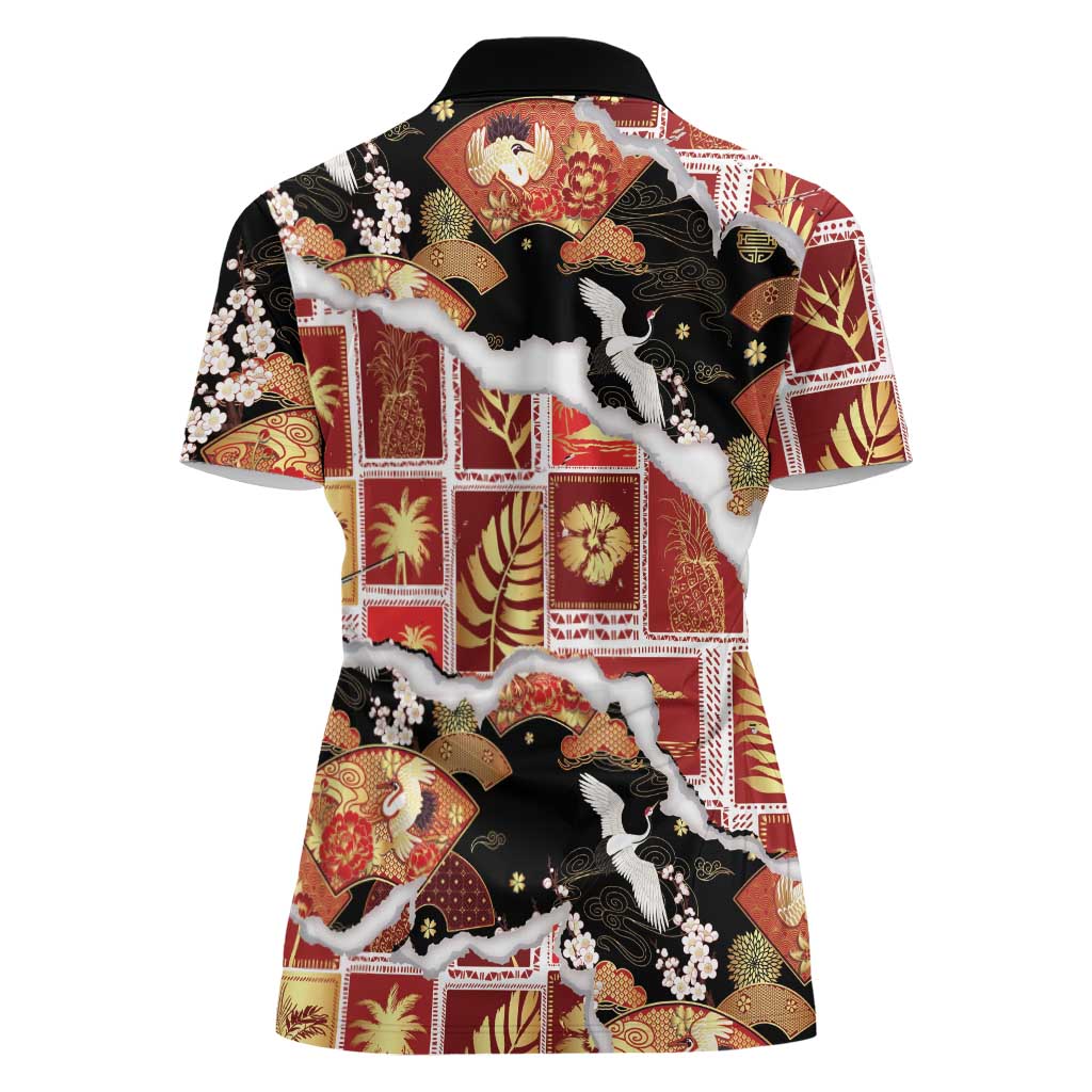 Hawaii Japanese Culture Black Women Polo Shirt Spring Cranes Aloha Pattern LT01 - Polynesian Pride