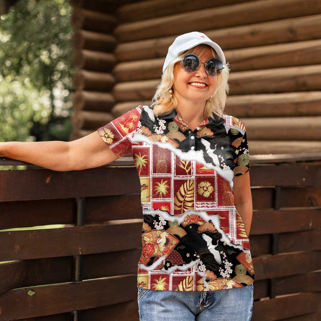 Hawaii Japanese Culture Black Women Polo Shirt Spring Cranes Aloha Pattern LT01 - Polynesian Pride