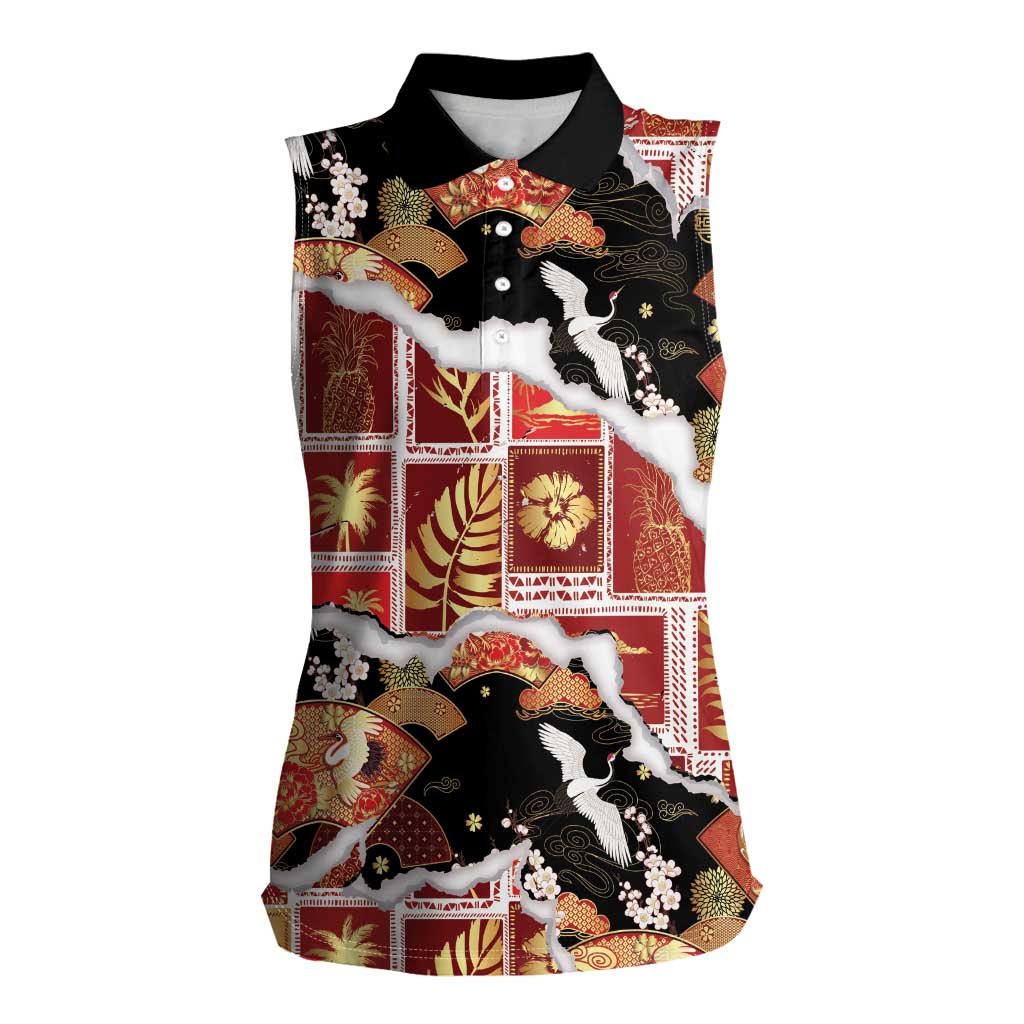 Hawaii Japanese Culture Black Women Sleeveless Polo Shirt Spring Cranes Aloha Pattern