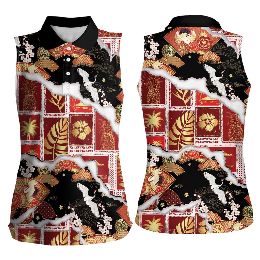 Hawaii Japanese Culture Black Women Sleeveless Polo Shirt Spring Cranes Aloha Pattern