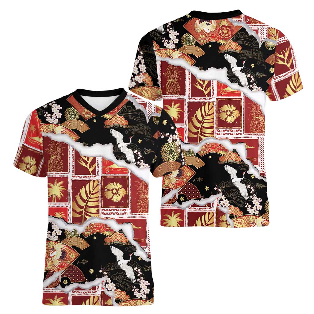 Hawaii Japanese Culture Black Women V-Neck T-Shirt Spring Cranes Aloha Pattern