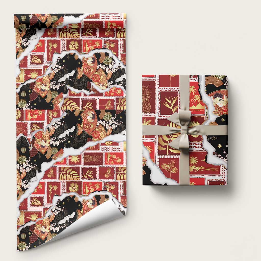 Hawaii Japanese Culture Black Wrapping Paper Spring Cranes Aloha Pattern