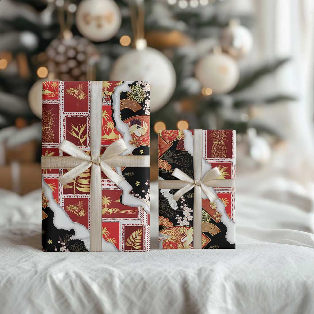 Hawaii Japanese Culture Black Wrapping Paper Spring Cranes Aloha Pattern