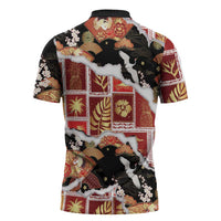 Hawaii Japanese Culture Black Zipper Polo Shirt Spring Cranes Aloha Pattern