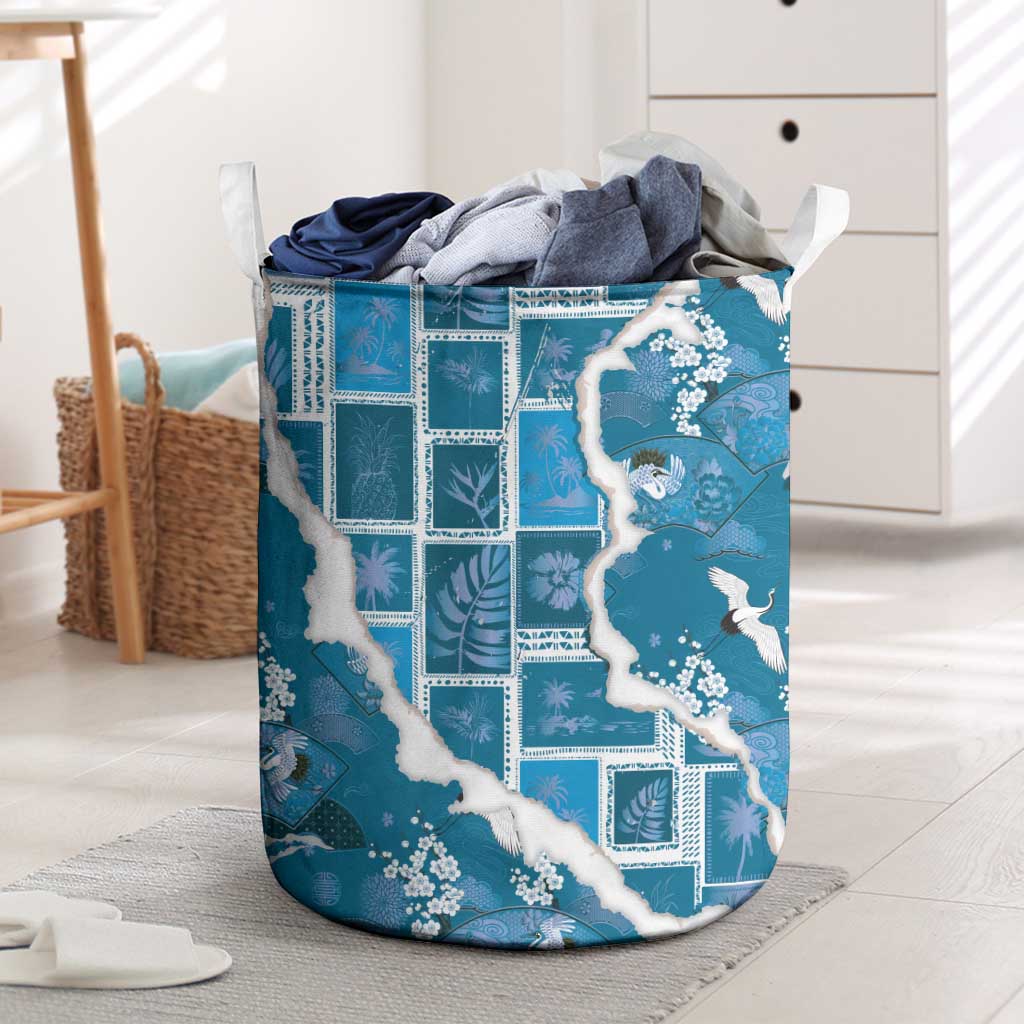 Hawaii Japanese Culture Blue Laundry Basket Spring Cranes Aloha Pattern