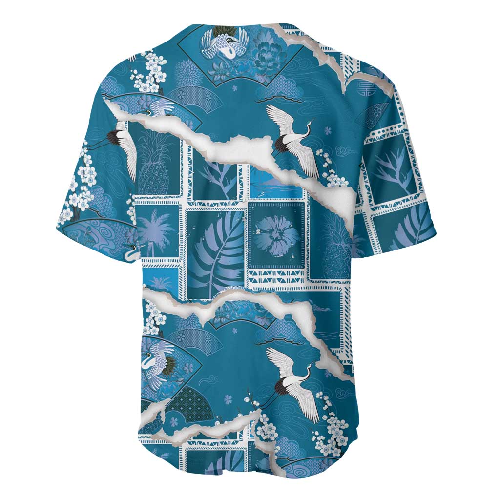 Hawaii Japanese Culture Blue Baseball Jersey Spring Cranes Aloha Pattern