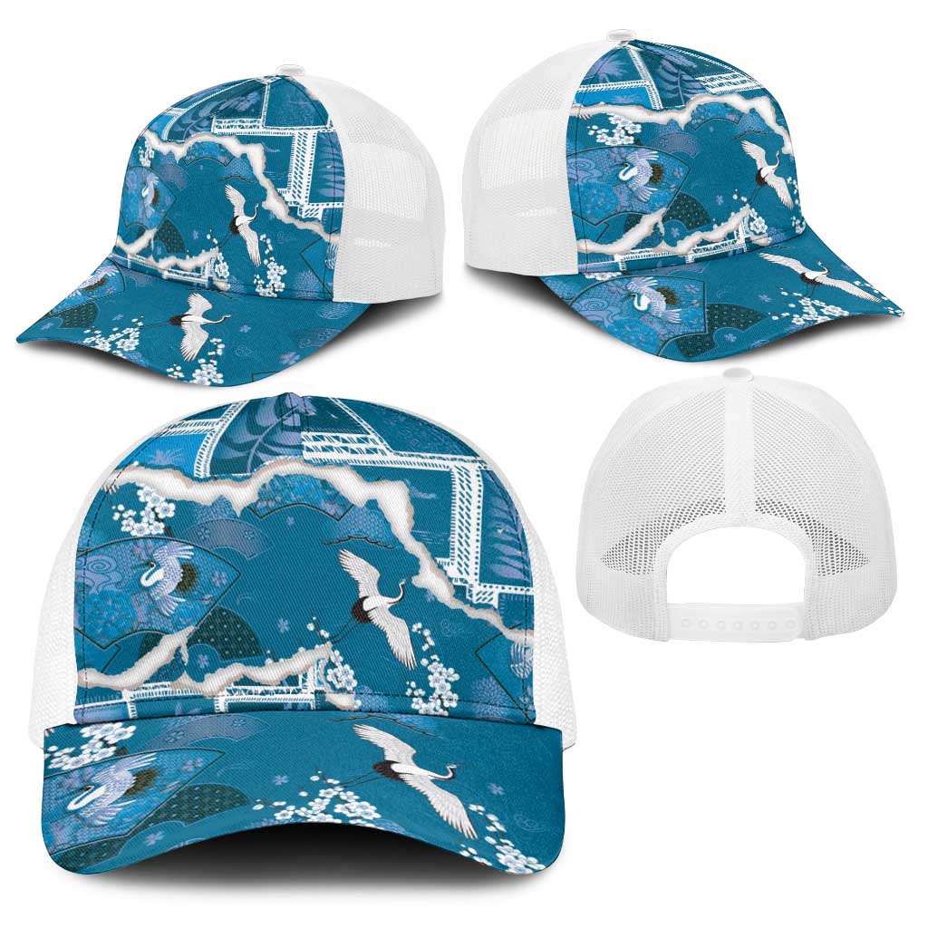 Hawaii Japanese Culture Blue Baseball Net Cap Spring Cranes Aloha Pattern