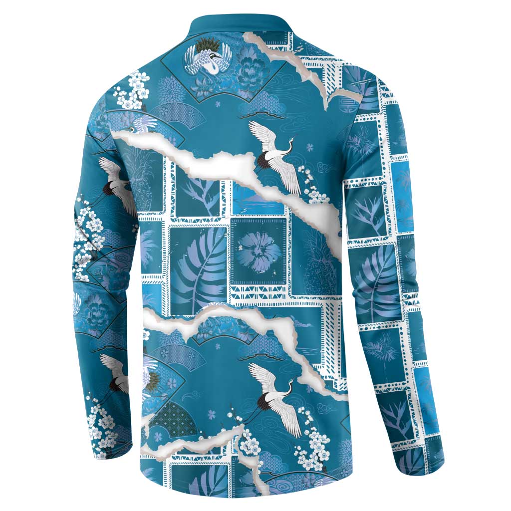 Hawaii Japanese Culture Blue Button Sweatshirt Spring Cranes Aloha Pattern