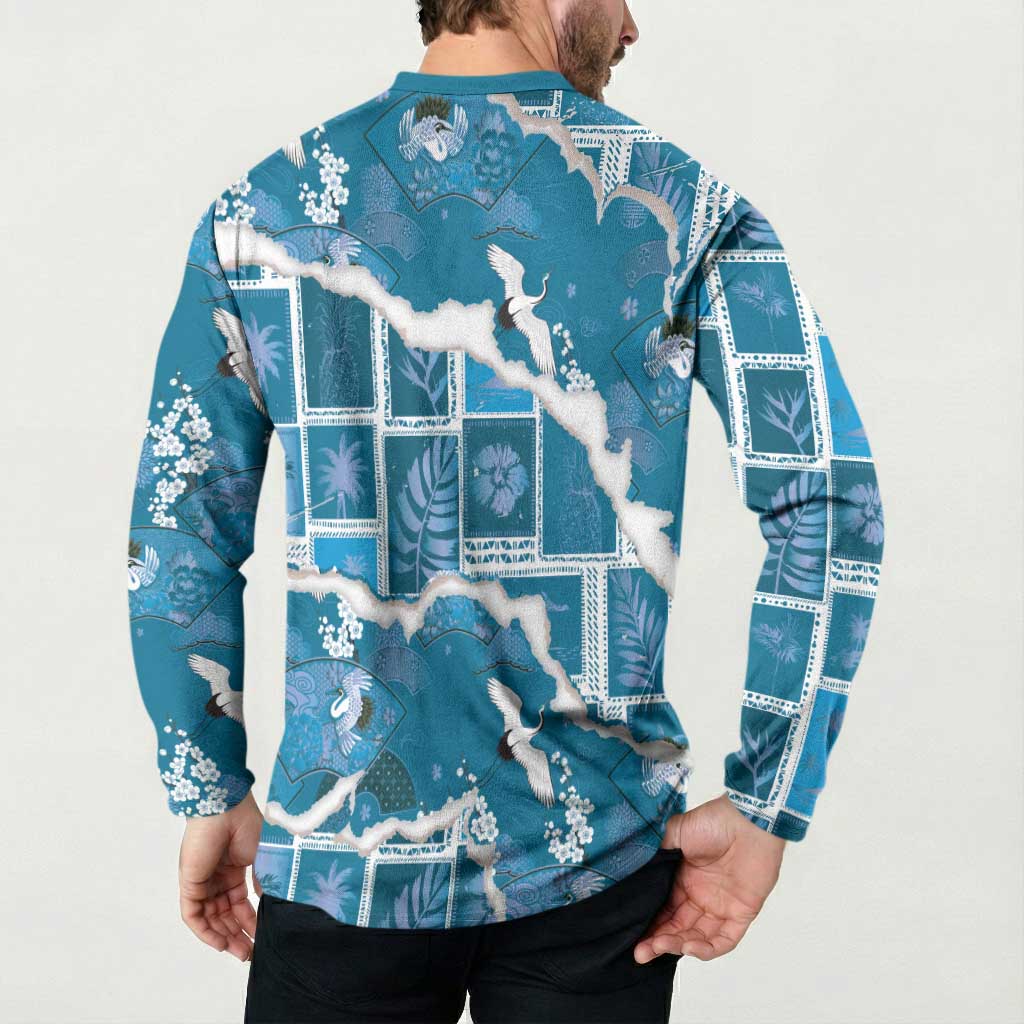 Hawaii Japanese Culture Blue Button Sweatshirt Spring Cranes Aloha Pattern