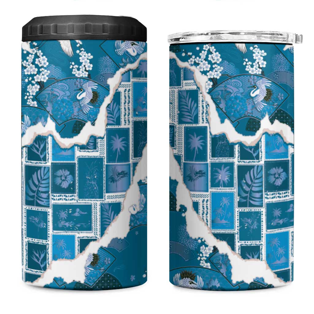 Hawaii Japanese Culture Blue 4 in 1 Can Cooler Tumbler Spring Cranes Aloha Pattern