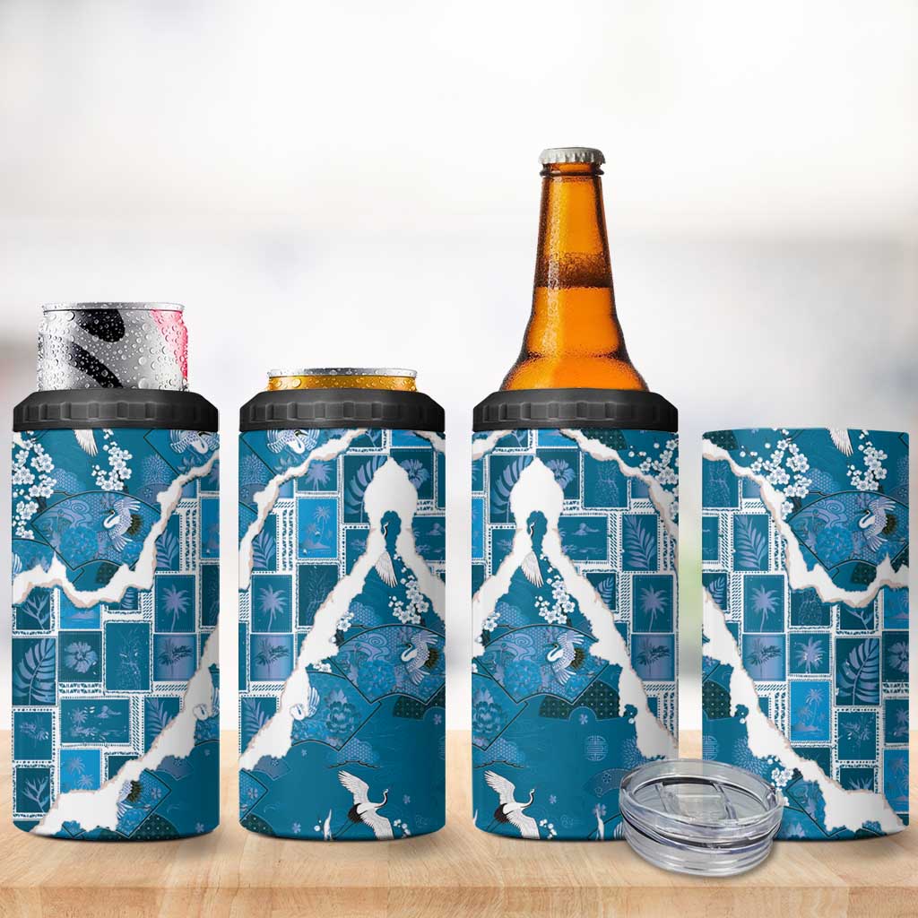 Hawaii Japanese Culture Blue 4 in 1 Can Cooler Tumbler Spring Cranes Aloha Pattern