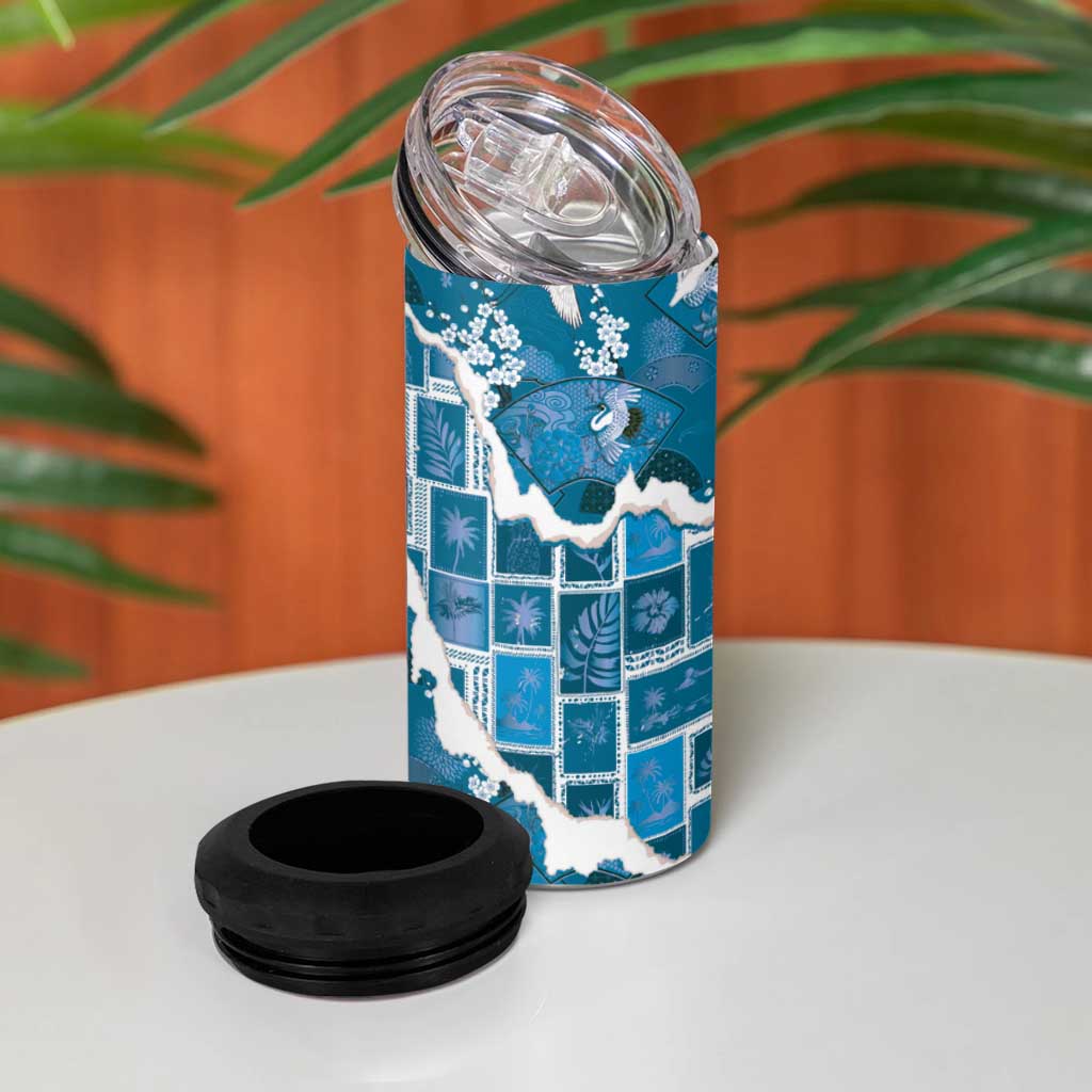 Hawaii Japanese Culture Blue 4 in 1 Can Cooler Tumbler Spring Cranes Aloha Pattern