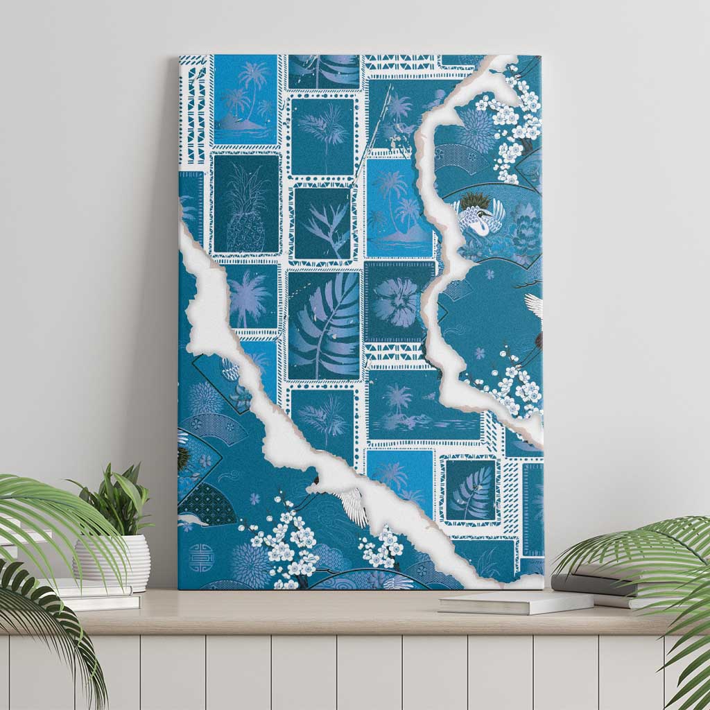 Hawaii Japanese Culture Blue Canvas Wall Art Spring Cranes Aloha Pattern