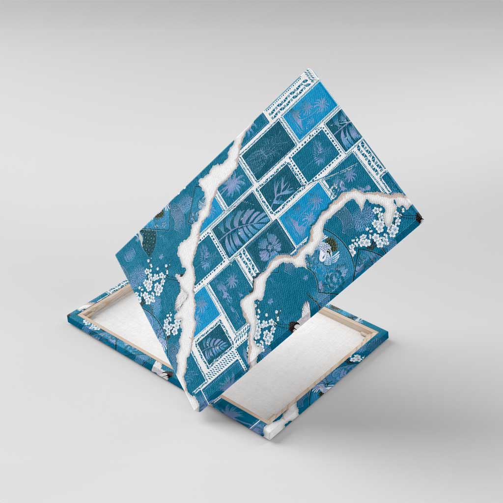 Hawaii Japanese Culture Blue Canvas Wall Art Spring Cranes Aloha Pattern