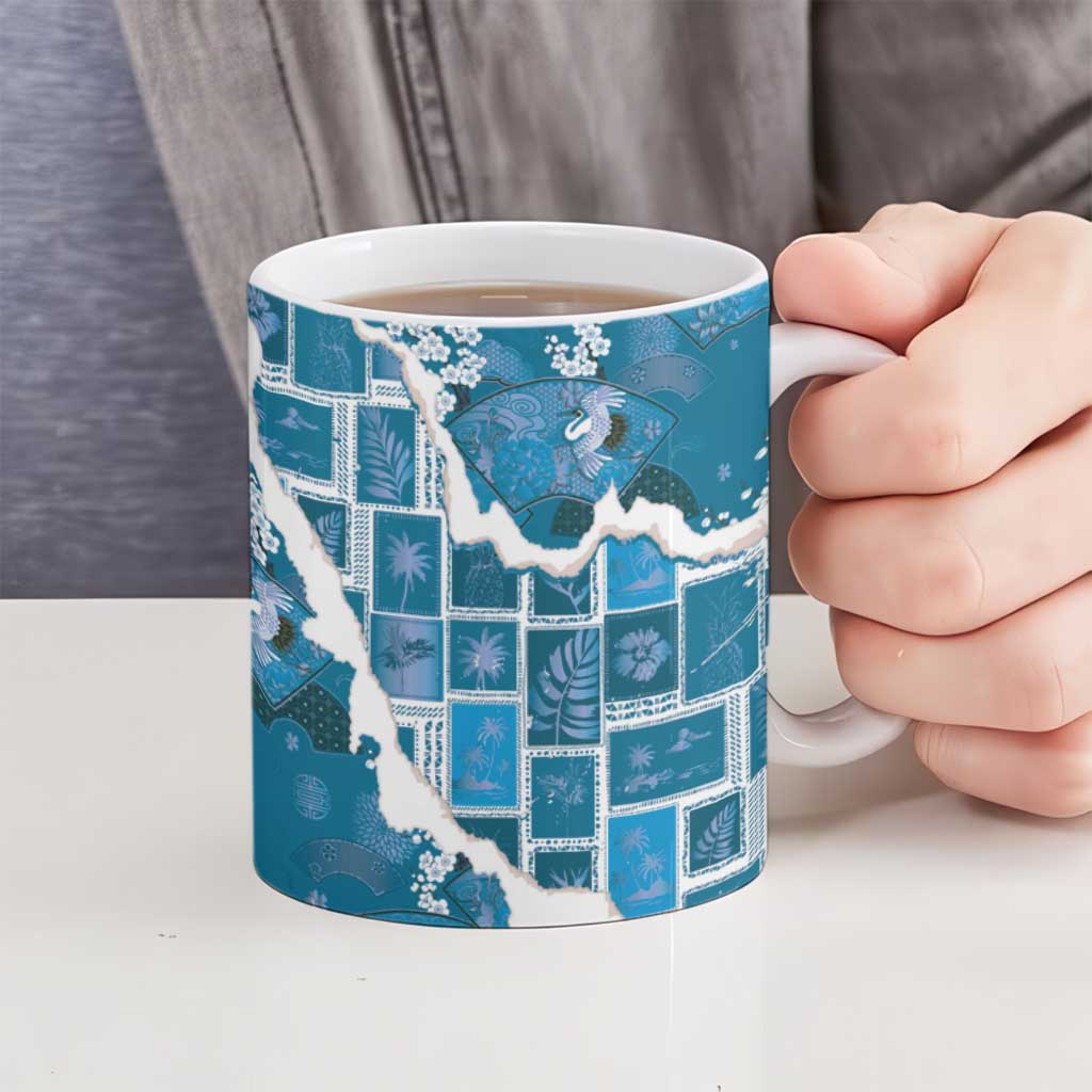 Hawaii Japanese Culture Blue Ceramic Mug Spring Cranes Aloha Pattern