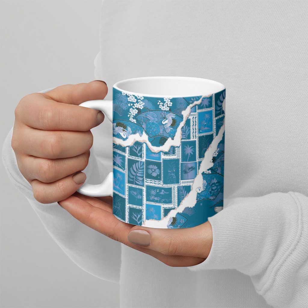 Hawaii Japanese Culture Blue Ceramic Mug Spring Cranes Aloha Pattern