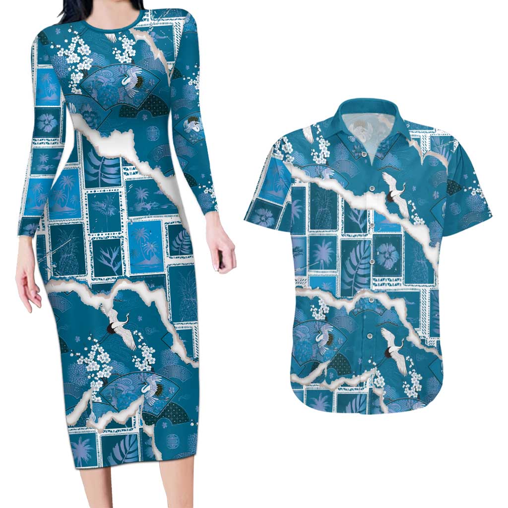 Hawaii Japanese Culture Blue Couples Matching Long Sleeve Bodycon Dress and Hawaiian Shirt Spring Cranes Aloha Pattern