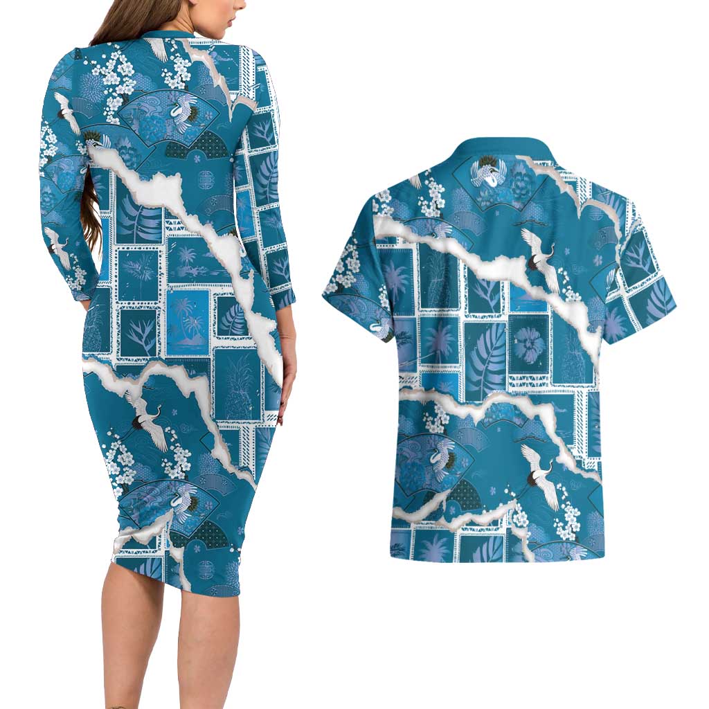 Hawaii Japanese Culture Blue Couples Matching Long Sleeve Bodycon Dress and Hawaiian Shirt Spring Cranes Aloha Pattern