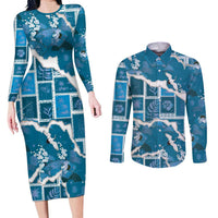 Hawaii Japanese Culture Blue Couples Matching Long Sleeve Bodycon Dress and Long Sleeve Button Shirt Spring Cranes Aloha Pattern
