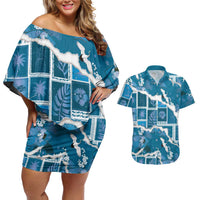 Hawaii Japanese Culture Blue Couples Matching Off Shoulder Short Dress and Hawaiian Shirt Spring Cranes Aloha Pattern LT01 Blue - Polynesian Pride
