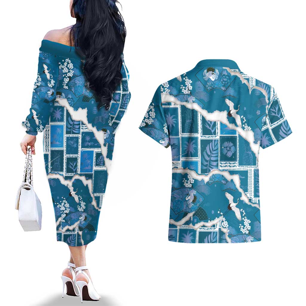 Hawaii Japanese Culture Blue Couples Matching Off The Shoulder Long Sleeve Dress and Hawaiian Shirt Spring Cranes Aloha Pattern