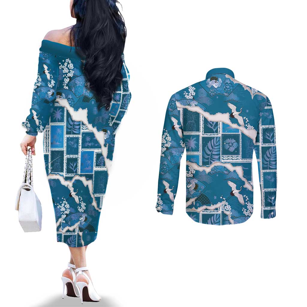 Hawaii Japanese Culture Blue Couples Matching Off The Shoulder Long Sleeve Dress and Long Sleeve Button Shirt Spring Cranes Aloha Pattern