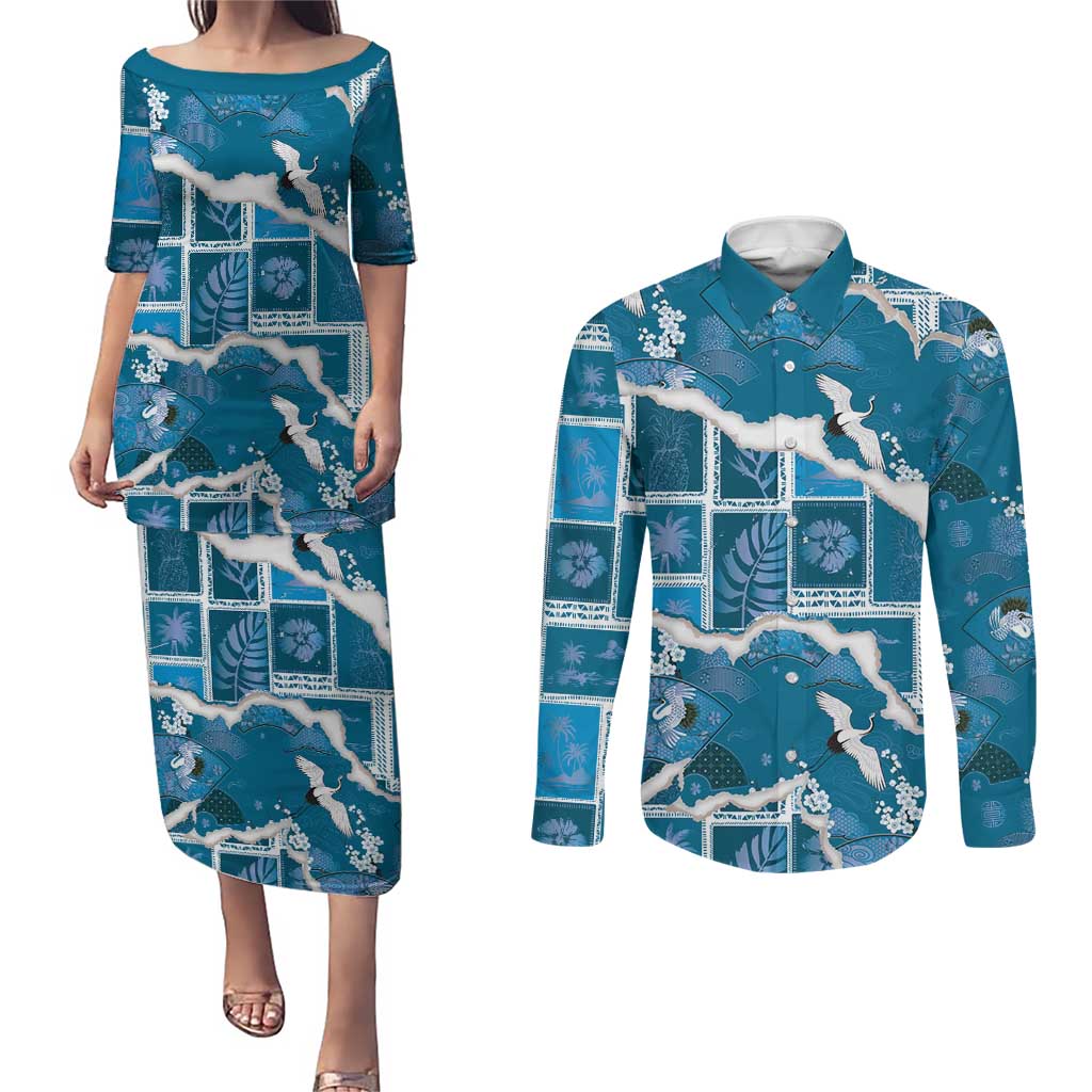 Hawaii Japanese Culture Blue Couples Matching Puletasi and Long Sleeve Button Shirt Spring Cranes Aloha Pattern