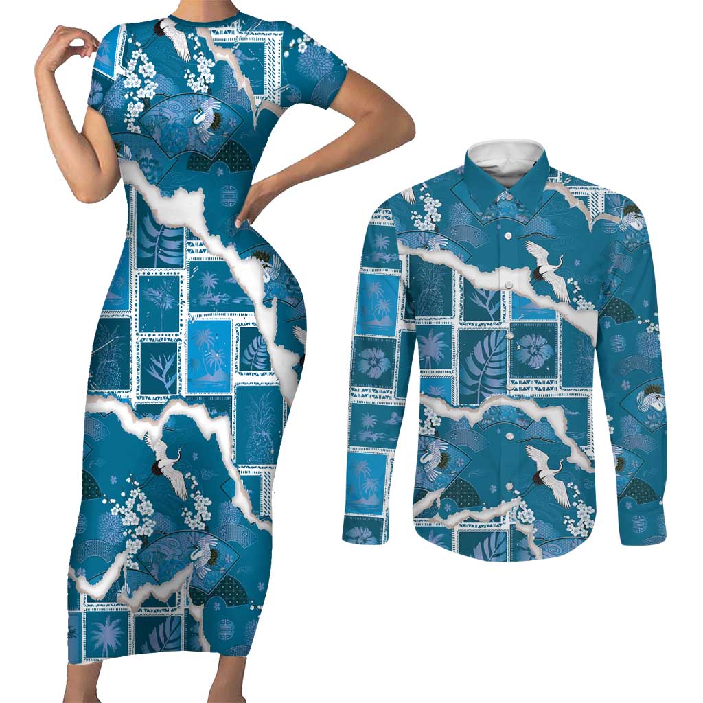 Hawaii Japanese Culture Blue Couples Matching Short Sleeve Bodycon Dress and Long Sleeve Button Shirt Spring Cranes Aloha Pattern LT01 Blue - Polynesian Pride